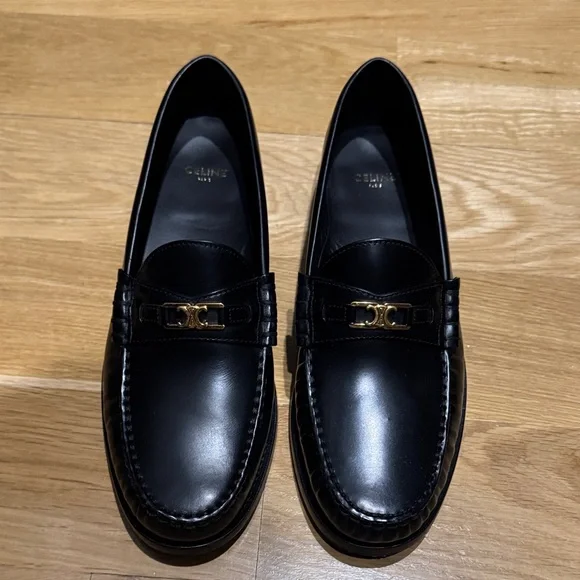 Celine Black Leather Slip-On Loafers with Gold Accent - Picture 1 of 1